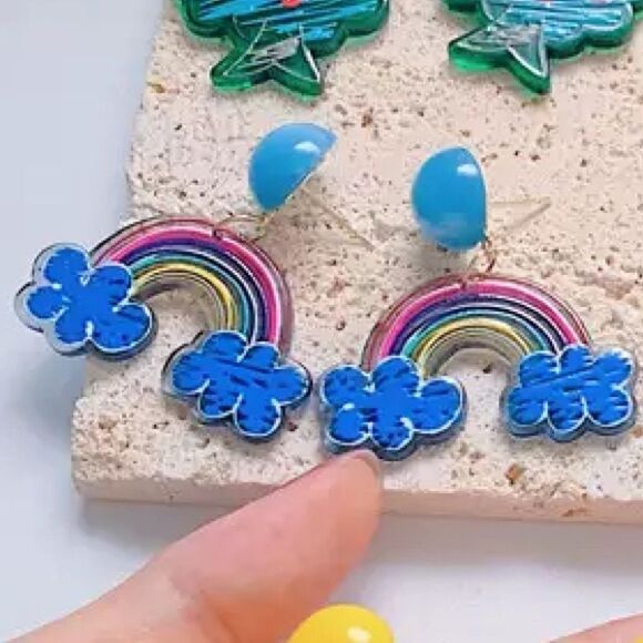Rainbow Playful Acrylic Drop Earrings Fun Colorful - Picture 6 of 6